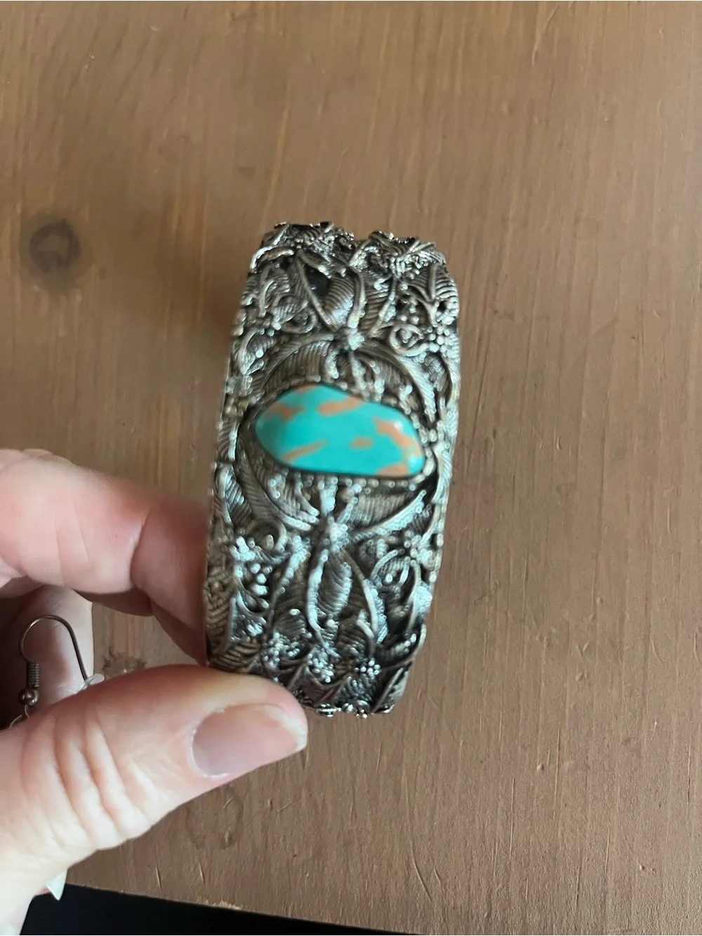 Silver faux turquoise cuff interesting  design vintage unisex